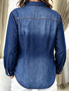 EMERY ROSE EMERY ROSE Plus Size Fashion Embroidered Single-Breasted Long Sleeve Denim Top Autumn/ Going Out Formal Club Beach Tops Blue Casual Loose Fit Traditional - Blue - View 3