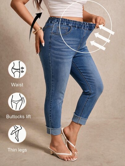 Elaquor Celana Jeans Crop Ukuran Besar dengan Kantong, Cocok untuk Sehari-hari, Musim Gugur, Acara Formal, Kencan Malam, Biru, Kasual, Longgar, untuk Malam Hari