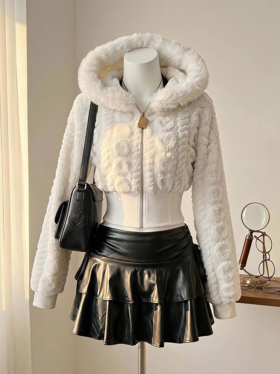 SHEIN MOD 女款秋冬休閒毛茸茸連帽外套 - 白色 - 查看 1