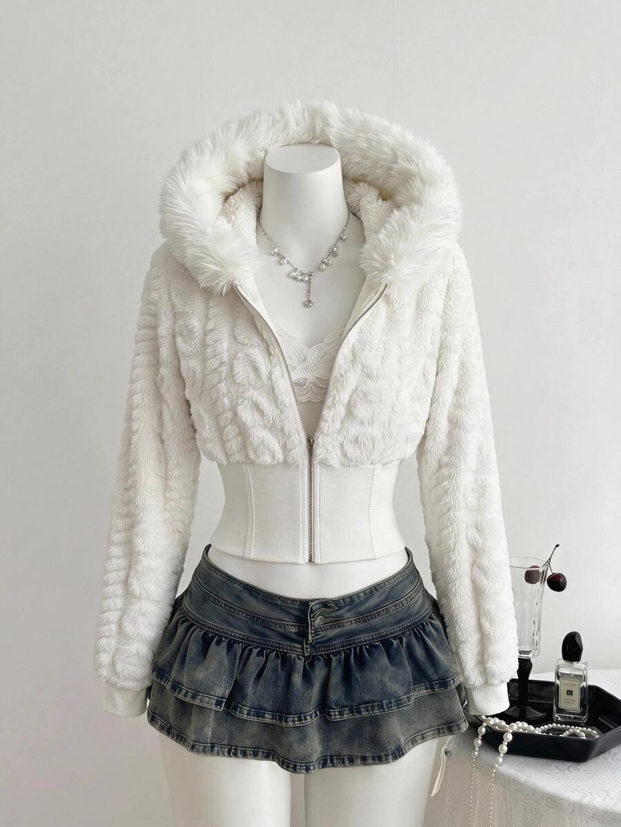 SHEIN MOD جاكيت نسائي كاجوال فروي بغطاء رأس للخريف/الشتاء - أبيض - مشاهدة 1