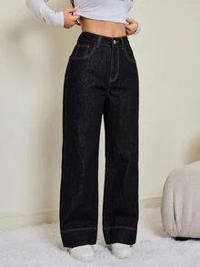 SHEIN PETITE Women's Fashion Street Button Pocket Loose Denim Jeans Fall/Winter Formal Business Chic Basic Goth Halloween Christmas Festival Fuzzy Fleece PETITE - Blue - View 6