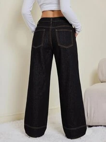 SHEIN PETITE Women's Fashion Street Button Pocket Loose Denim Jeans Fall/Winter Formal Business Chic Basic Goth Halloween Christmas Festival Fuzzy Fleece PETITE - Blue - View 2