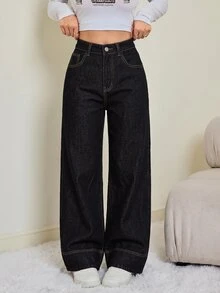 SHEIN PETITE Women's Fashion Street Button Pocket Loose Denim Jeans Fall/Winter Formal Business Chic Basic Goth Halloween Christmas Festival Fuzzy Fleece PETITE - Blue - View 8