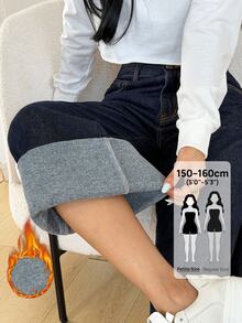 SHEIN PETITE Women's Fashion Street Button Pocket Loose Denim Jeans Fall/Winter Formal Business Chic Basic Goth Halloween Christmas Festival Fuzzy Fleece PETITE - Blue - View 9