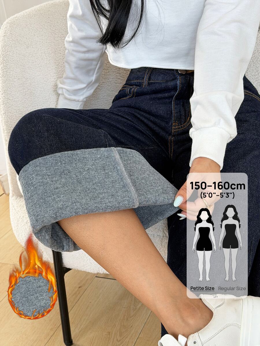 SHEIN PETITE Women's Fashion Street Button Pocket Loose Denim Jeans Fall/Winter Formal Business Chic Basic Goth Halloween Christmas Festival Fuzzy Fleece PETITE - Blue - View 1
