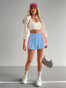 SHEIN Sovereign Charm 女款彈性腰拼色休閒百搭日常旅行運動短褲 - 彩色 - 查看 7