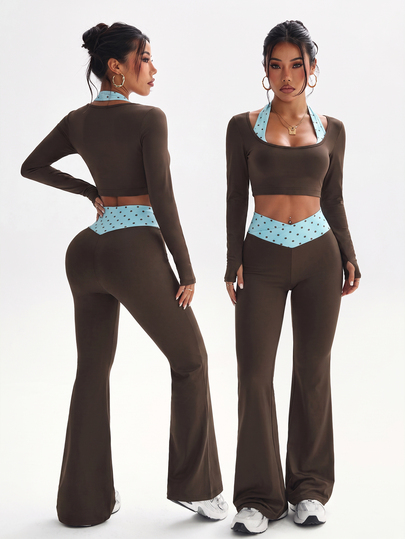 SHEIN Sovereign Charm Women's Sports Yoga Outdoor Gym Workout Set, 2 In 1 Contrast Color Long Sleeve Fitted T-Shirt, Contrast Color V-Waistband Sports Leggings, Fitted Flared Pants