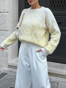 EURMUSE Moher Yarn Pullover Leopard Pattern Pullover Fall Winter - Light Yellow - View 3