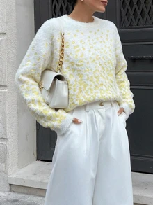 EURMUSE Moher Yarn Pullover Leopard Pattern Pullover Fall Winter - Light Yellow - View 5
