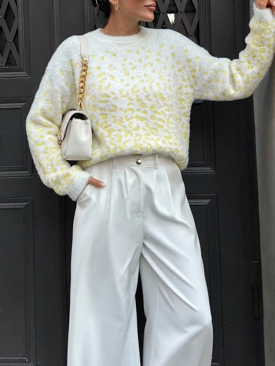 EURMUSE Moher Yarn Pullover Leopard Pattern Pullover Fall Winter - Light Yellow - View 1