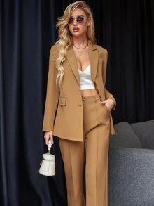 Calvaya Single Breasted Blazer & Seam Detail Tailored Pants Fall Cloth For Women - Khaki - View 4