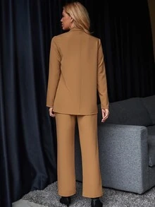 Calvaya Single Breasted Blazer & Seam Detail Tailored Pants Fall Cloth For Women - Khaki - View 2