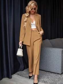 Calvaya Single Breasted Blazer & Seam Detail Tailored Pants Fall Cloth For Women - Khaki - View 3
