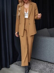 Calvaya Single Breasted Blazer & Seam Detail Tailored Pants Fall Cloth For Women - Khaki - View 5