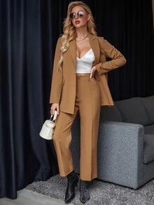 Calvaya Single Breasted Blazer & Seam Detail Tailored Pants Fall Cloth For Women - Khaki - View 7