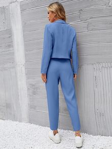 Calvaya Ladies" Short Blue Suit Jacket And Front Pleated Pocketed Suit Pants Combo Fall Cloth For Women - Blue - View 4