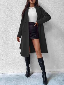 Calvaya Lapel Neck Double Breasted Belted Coat Fall Winter Cloth For Women - Black - View 7