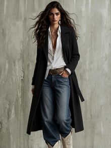 Calvaya Lapel Neck Double Breasted Belted Coat Fall Winter Cloth For Women - Black - View 3