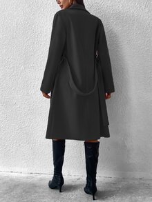 Calvaya Lapel Neck Double Breasted Belted Coat Fall Winter Cloth For Women - Black - View 4