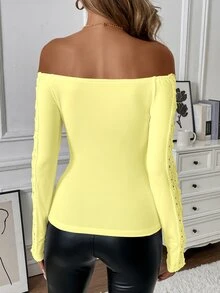 Calvaya 1pc Women Off-Shoulder Solid Color Long Sleeve T-Shirt, Fashion For Summer - Yellow - View 2