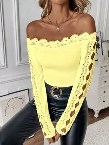 Calvaya 1pc Women Off-Shoulder Solid Color Long Sleeve T-Shirt, Fashion For Summer - Yellow - View 6