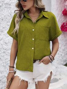 Calvaya Casual Women's Shirt With H-Shaped Collar,Short Sleeve Tops - Green - View 4