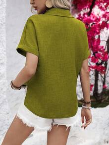Calvaya Casual Women's Shirt With H-Shaped Collar,Short Sleeve Tops - Green - View 2