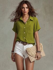 Calvaya Casual Women's Shirt With H-Shaped Collar,Short Sleeve Tops - Green - View 1