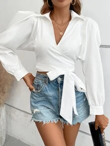 Calvaya Puff Sleeve Knot Side Wrap Blouse Women Shirt,Long Sleeve Tops Fall Cloth For Women - White - View 4