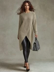 Calvaya Solid Wrap Hem Sweater,Long Sleeve Tops Knit Pullover Fall Winter Sweater - Camel - View 1