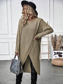 Calvaya Solid Wrap Hem Sweater,Long Sleeve Tops Knit Pullover Fall Winter Sweater - Camel - View 6