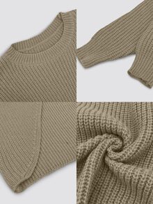 Calvaya Solid Wrap Hem Sweater,Long Sleeve Tops Knit Pullover Fall Winter Sweater - Camel - View 8