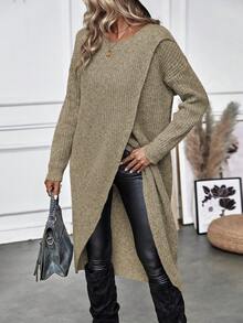Calvaya Solid Wrap Hem Sweater,Long Sleeve Tops Knit Pullover Fall Winter Sweater - Camel - View 7