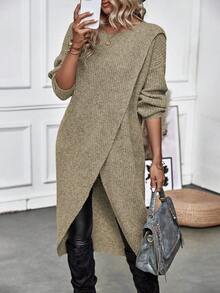 Calvaya Solid Wrap Hem Sweater,Long Sleeve Tops Knit Pullover Fall Winter Sweater - Camel - View 5