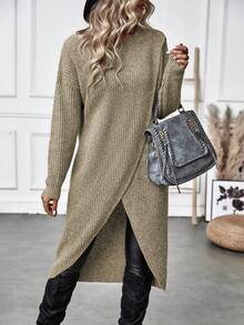 Calvaya Solid Wrap Hem Sweater,Long Sleeve Tops Knit Pullover Fall Winter Sweater - Camel - View 4