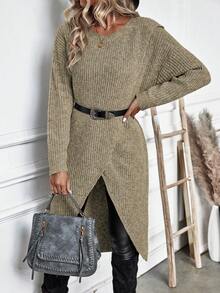 Calvaya Solid Wrap Hem Sweater,Long Sleeve Tops Knit Pullover Fall Winter Sweater - Camel - View 3