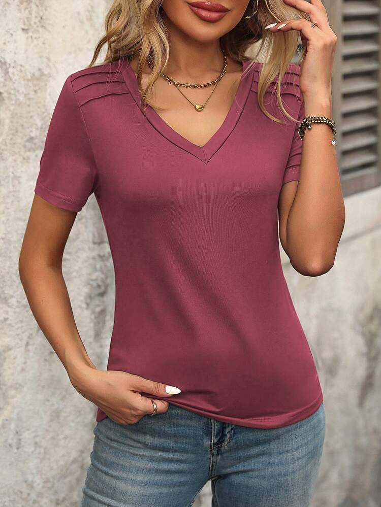 Calvaya Women Solid Color V-Neck Short Sleeve Casual T-Shirt, Summer - Coral Pink - View 6