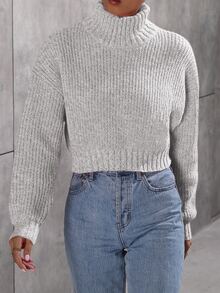 Calvaya Jersey de cuello alto con hombros caídos, manga larga, suéter de punto para otoño e invierno - Gris Claro - Ver 6