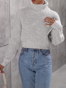 Calvaya Jersey de cuello alto con hombros caídos, manga larga, suéter de punto para otoño e invierno - Gris Claro - Ver 5