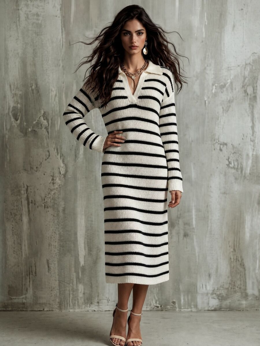 Calvaya Striped Pattern Drop Shoulder Split Thigh Sweater Dress - Apricot - View 1