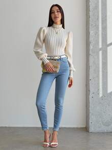 Calvaya Mock Neck Lantern Sleeve Sweater, Long Sleeve Tops Knit Pullover Fall Winter - Apricot - View 5