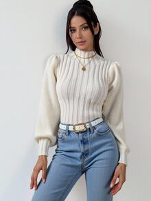 Calvaya Mock Neck Lantern Sleeve Sweater, Long Sleeve Tops Knit Pullover Fall Winter - Apricot - View 8