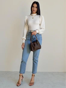 Calvaya Mock Neck Lantern Sleeve Sweater, Long Sleeve Tops Knit Pullover Fall Winter - Apricot - View 6