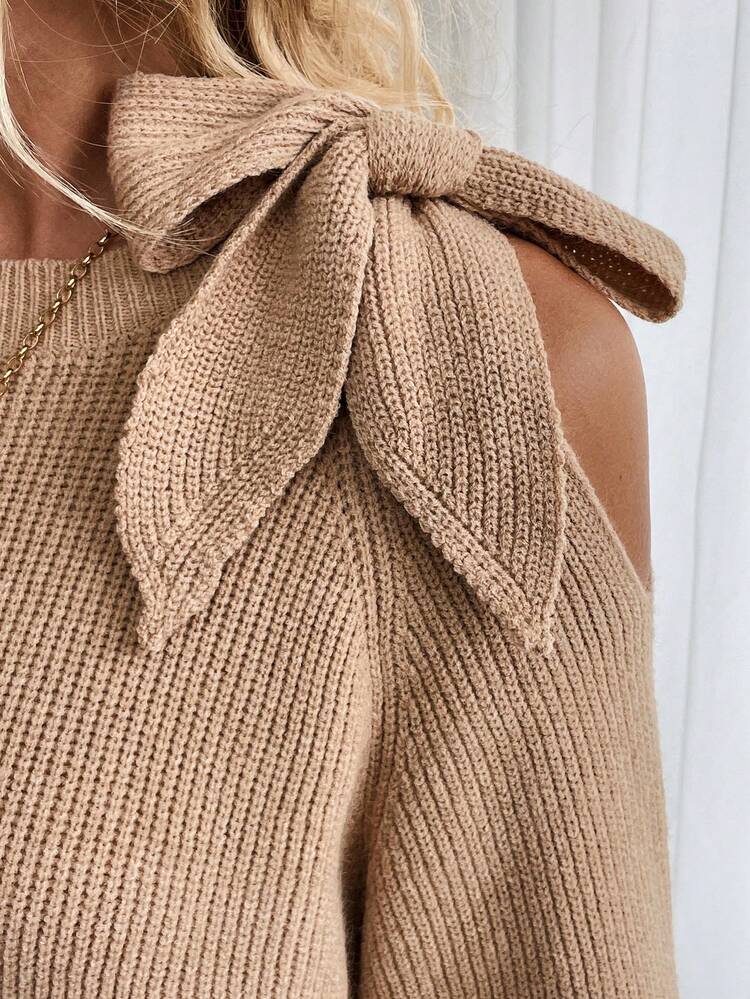 Calvaya Women's Solid Color Asymmetric Tie Shoulder Long Sleeve Sweater, Autumn/Winter, Knit Pullover Fall - Khaki - View 10