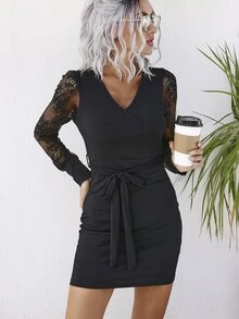 Calvaya Contrast Lace Belted Dress - Black - View 6