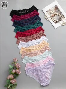 Snug Zone 12件組多彩浪漫性感蕾絲女款三角內褲透視內衣 - 彩色 - 查看 3