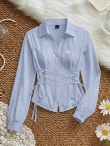SHEIN MOD 女款優雅浪漫燈籠袖綁腰淺藍色襯衫，適合早午餐、約會之夜、秋季 - 藍色 - 查看 5