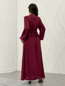 Al Najma Spring And Autumn Elegant Water Diamond Decorative Waist Round Neck Petal Long Sleeve Wine Red Long Dress, Daily Date Dressing - Burgundy - View 3