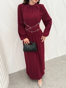 Al Najma Spring And Autumn Elegant Water Diamond Decorative Waist Round Neck Petal Long Sleeve Wine Red Long Dress, Daily Date Dressing - Burgundy - View 8
