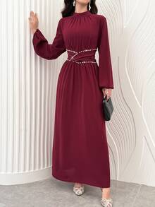 Al Najma Spring And Autumn Elegant Water Diamond Decorative Waist Round Neck Petal Long Sleeve Wine Red Long Dress, Daily Date Dressing - Burgundy - View 9